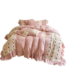 Korean Princess Style Chiffon Bedding Set 100% Cotton Elegant King Size Duvet Cover Set with Sheets Quilt Cover and Pillowcases