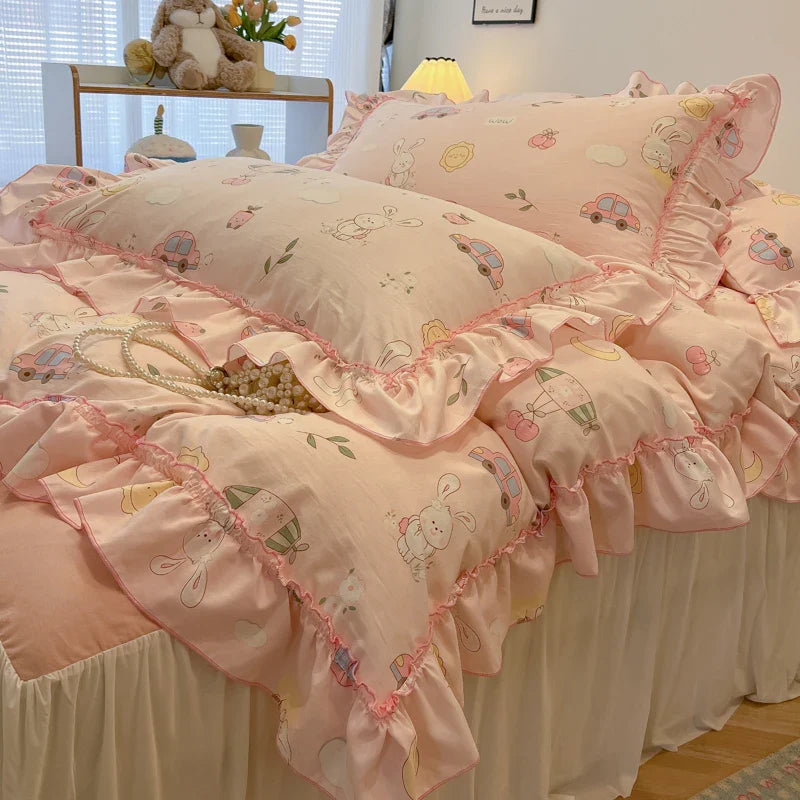 2/3Pc Korean Princess Style Floral Ruffles Bedding Set Single Queen Size Soft Skin-friendly Washed Cotton Duvet Cover Pillowcase
