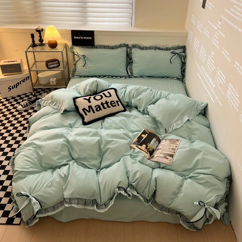 Bowknot Bedclothes Lace Style Bed Sheets Set Skin-friendly Bedding ropa de cama Single/Double/Queen/King Size Bed Linen Set