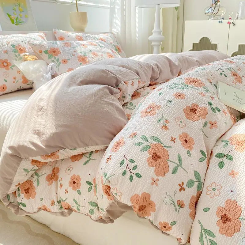 Romantic Floral Duvet Cover Set No Filler Soft Seersucker King Single Szie Pillowcases Flat Sheet Home Decoration Bed Linens