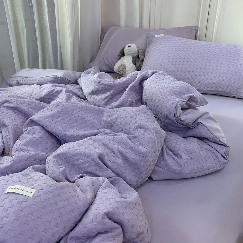 Bedding Set Luxury High Grade Light  Washable Cotton Waffle Four Piece  Olive Green Quilt Cover Bed Sheet Dormitory Three Piece