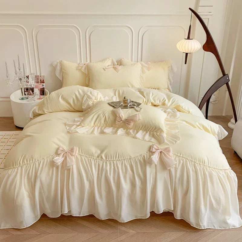 Chiffon Lace Bedding Set Pink France Romantic Princess Wedding Ruffles Bow Soft Duvet Cover Bed Sheet Pillowcases Home Textile