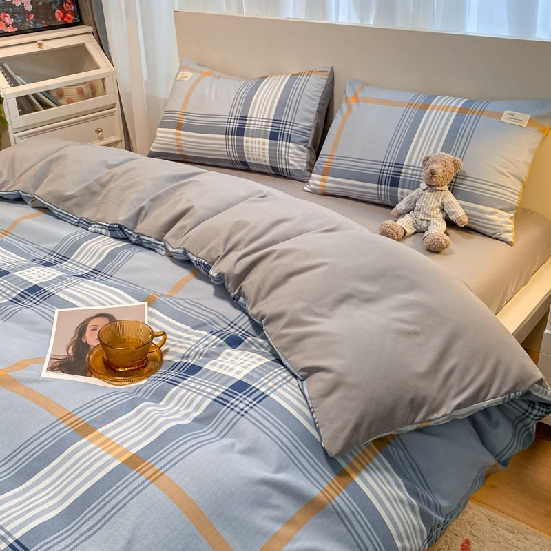 100% Cotton Plaid Geometric Bedding Set  Knit Bed Linens Sheet Pillowcase Home Textile Soft Bed Linen