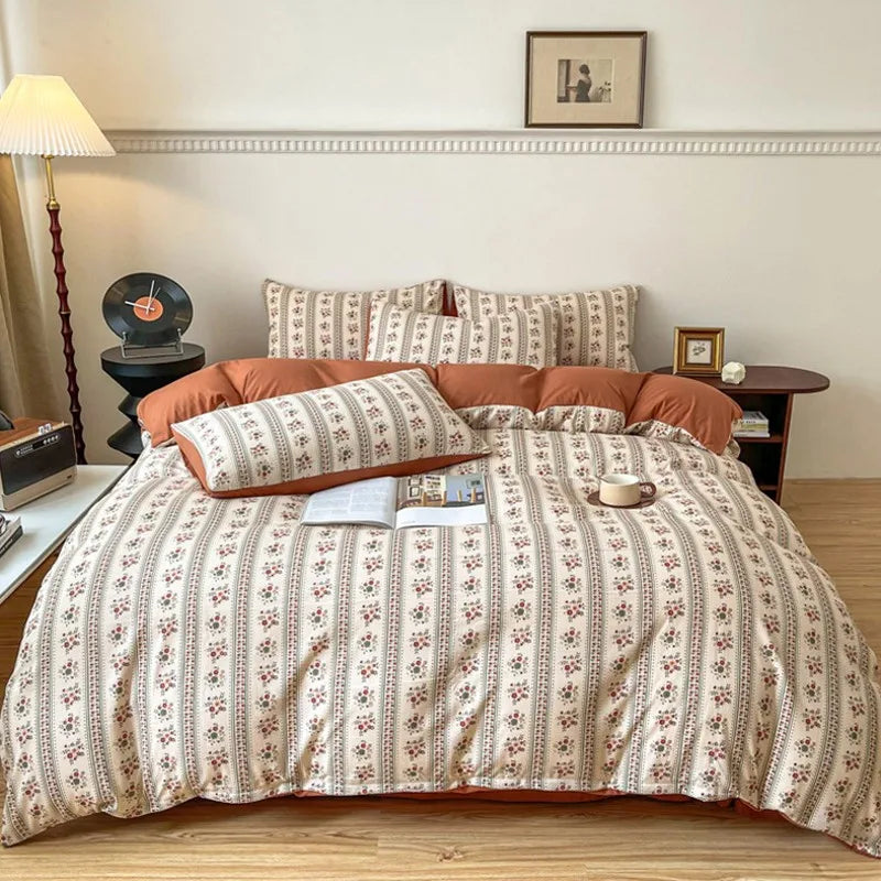 Vintage Floral Style Bedding Set No Filler Soft Fall Winter Thickening Duvet Cover Flat Sheet Pillowcase Full King Bed Linen