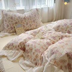 Bedding Set Korean Style New  Small Floral Water Washed Cotton Lace Duvet Cover Set Queen Size