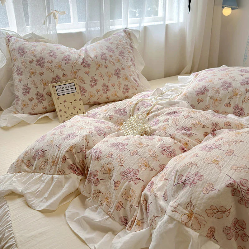 Bedding Set Korean Style New  Small Floral Water Washed Cotton Lace Duvet Cover Set Queen Size