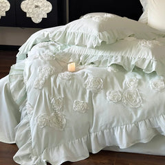 Princess Style 3D Flower Bedding Set 100 Thread Count Autumn and Winter Cotton Duvet Cover Solid White Quilt Covers with Ruffles