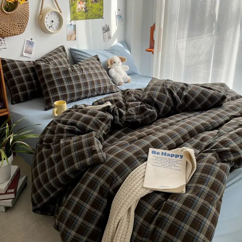 Bedding Set Ins Ambiance Blue Coffee Grid Mixed With Washed Cotton Minimalist Four Piece Set Fitted Sheets Duvet Cover