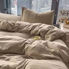 Washed Cotton Bedding Set,Bed Sheet Set, Linen Feel, Super Soft, Comfortable, 4-Piece Duvet Cover Set, Durable and Easy Care