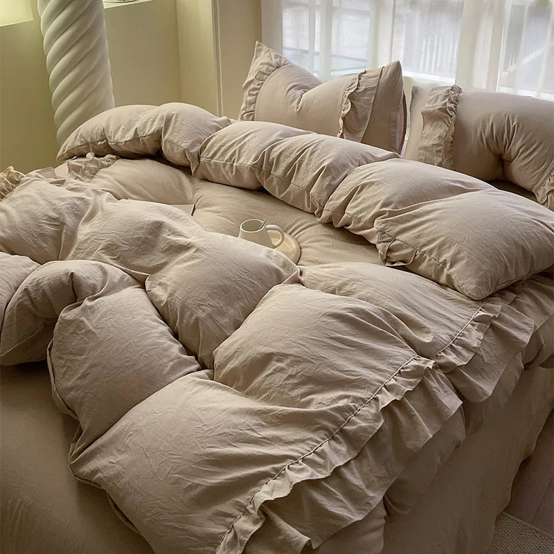 Ins Princess Bedding Set Double Layer Lace Simple Solid Duvet Cover Soft Wash Cotton 4pcs For Girl Spring Home Textiles