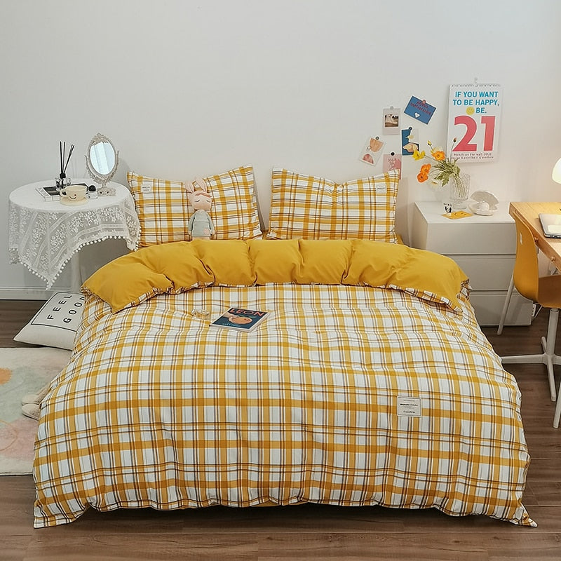 100% Cotton Japanese Simple Style Duvet Cover,Bedding Set With Plaid Stripe,Skin Friendly Breathable,1 Duvet Cover,2 Pillowcase