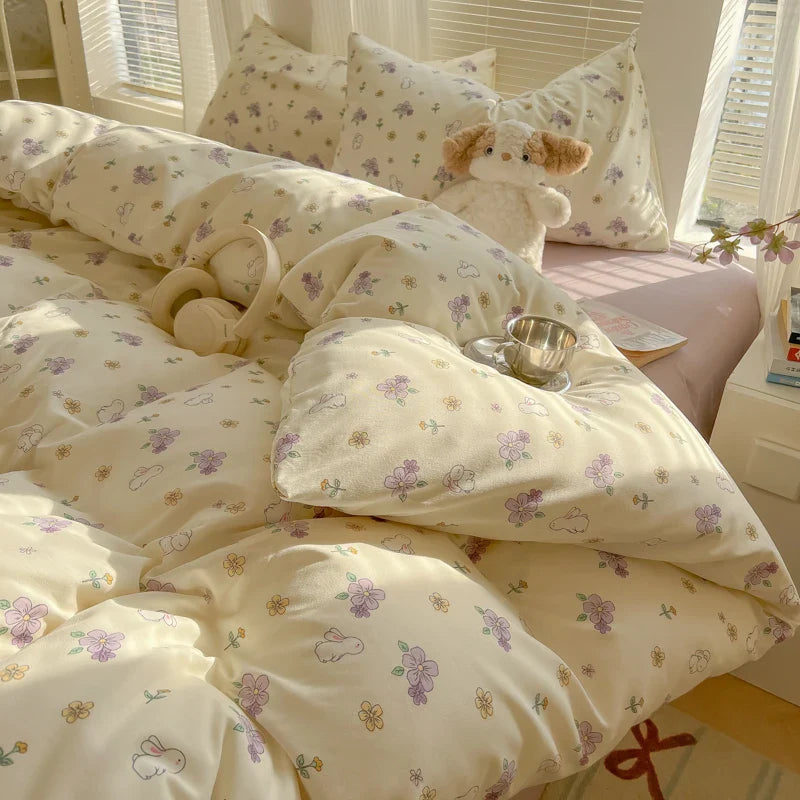 Duvet Set Double Yarn Four-piece Set Class A Aerobic Knitted Cotton Printed Love Bed Cover Skin Friendly Breathable Bedding