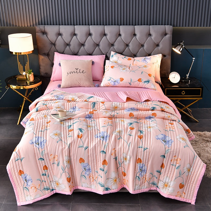 Summer Washed Cotton Quilt Air-conditioning Comforter Soft Breathable Blanket Thin Leaf Print Bedspread Bed Cover Home Textiles