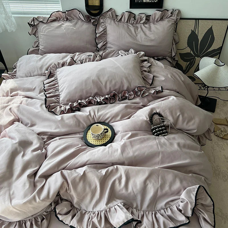 3/4Pcs Korean Princess Style Ruffles Bedding Set Skin-friendly Soft Silky Cool Feeling Duvet Cover Set Bed Sheet Pillowcases
