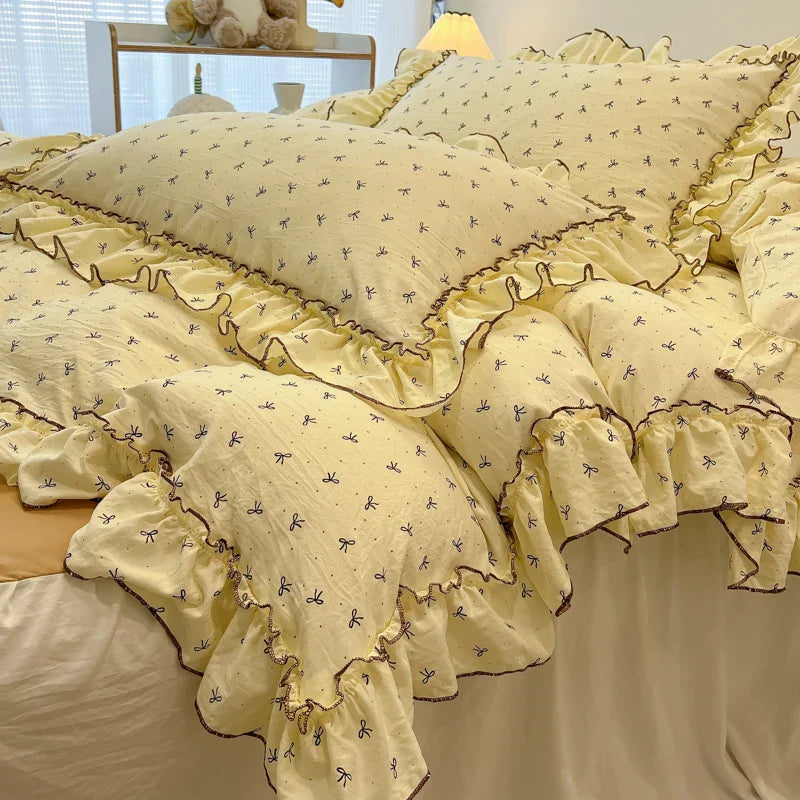 2/3Pc Korean Princess Style Floral Ruffles Bedding Set Single Queen Size Soft Skin-friendly Washed Cotton Duvet Cover Pillowcase