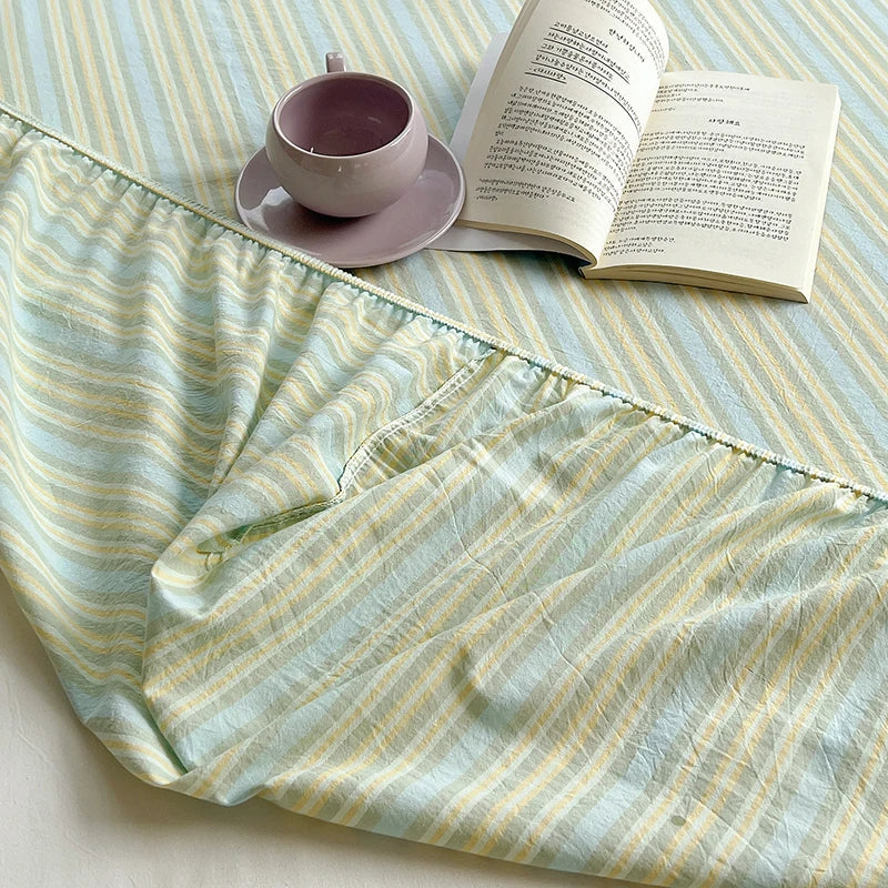 1PCS Nordic Stripe Fitted Sheet Non Slip Bedspread 100% Cotton With Elastic Band Mattress Cover (no Pillowcase)