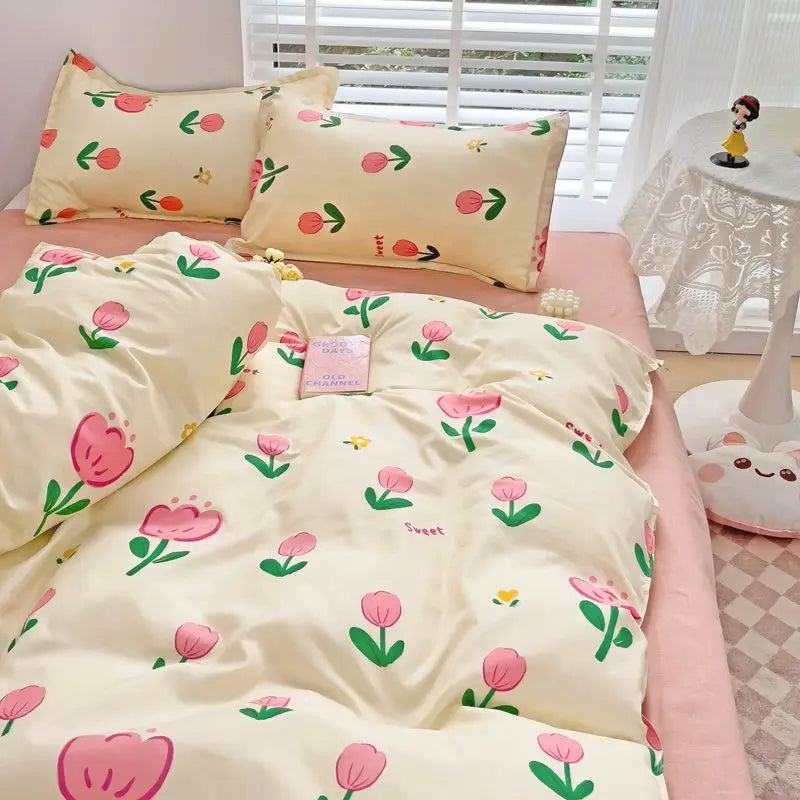 Floral Korean Style Duvet Cover Set No Filler Pillowcase Flat Sheet Twin Queen Size Boys Grils Romantic Bedding Kit