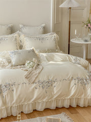 Blue Flowers Embroidery Princess 4Pcs Bedding Set 1000TC Egyptian Cotton Lace Edge Quilt Duvet Cover Set Bed Linen Pillow Shams