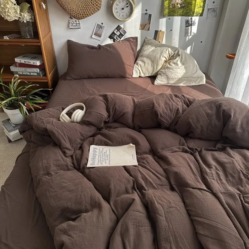 Bedding Set Ins Ambiance Blue Coffee Grid Mixed With Washed Cotton Minimalist Four Piece Set Fitted Sheets Duvet Cover