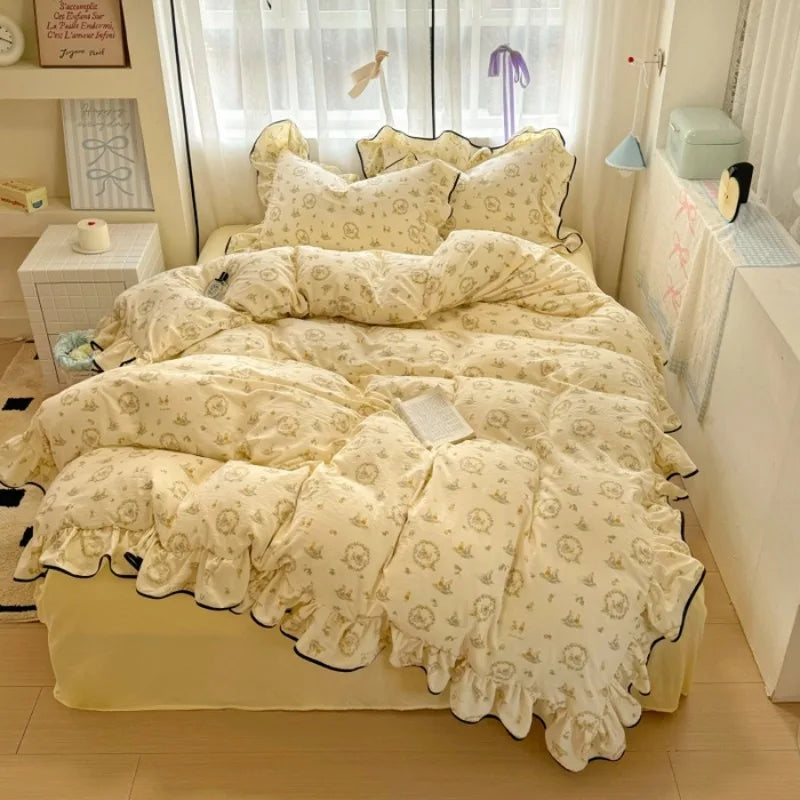 2025 new cream lace girl powder grid Korean version bed four-piece set washed cotton double-layer yarn quilt cover dormitory