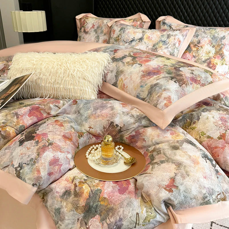 4pcs Floral Print Egyptian 100% Cotton Bedding Set Queen King Comforter Duvet Cover Flat/Fitted Bed Sheet Pillowcases 48x74cm