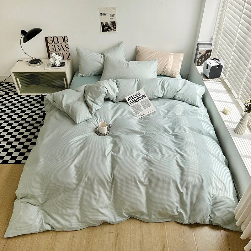 Japanese Simple Plaid Duvet Cover Set Retro Stripe Bedding 3PCS Soft Breathable Lightweight Quilt Covers Set with Zipper Closure