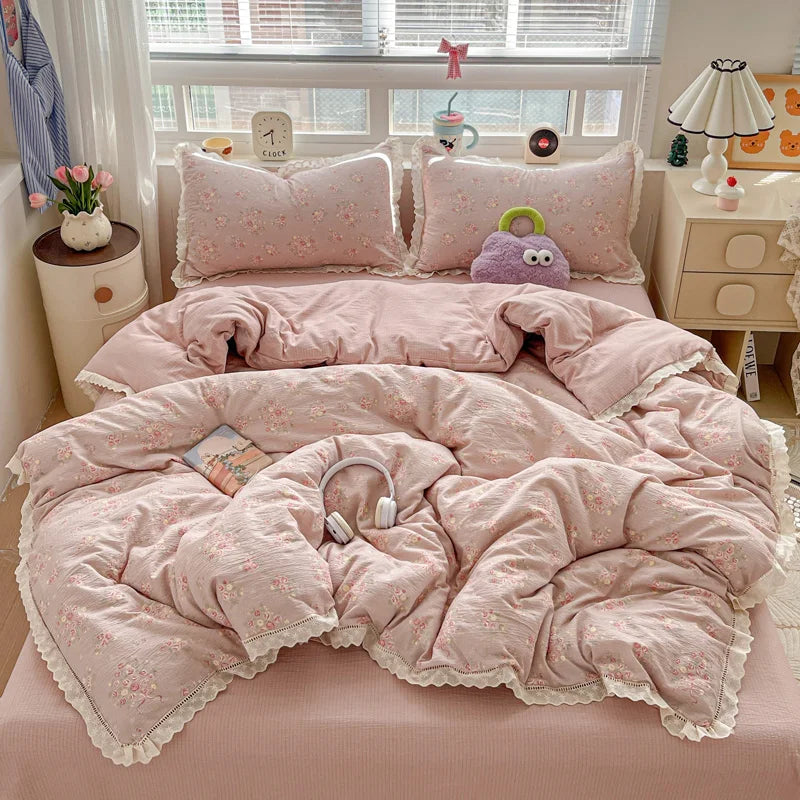 2025 New Bedding Set INS Princess Soft Bed Flat Sheet Set Twin Queen Double Size Cotton Lace Duvet Cover Pillowcase Bed Linen