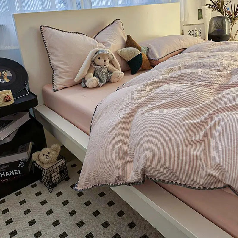 Ins Style Solid Color Stripes Mix and Princess Style Quilt Cover Four-piece Bedding Set Washed Cotton Shell Edge Duvet Cover Set