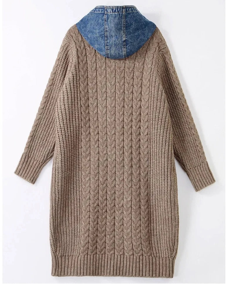 Denim Hood Pockets Knitted Coat