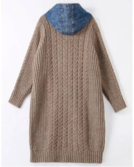 Denim Hood Pockets Knitted Coat