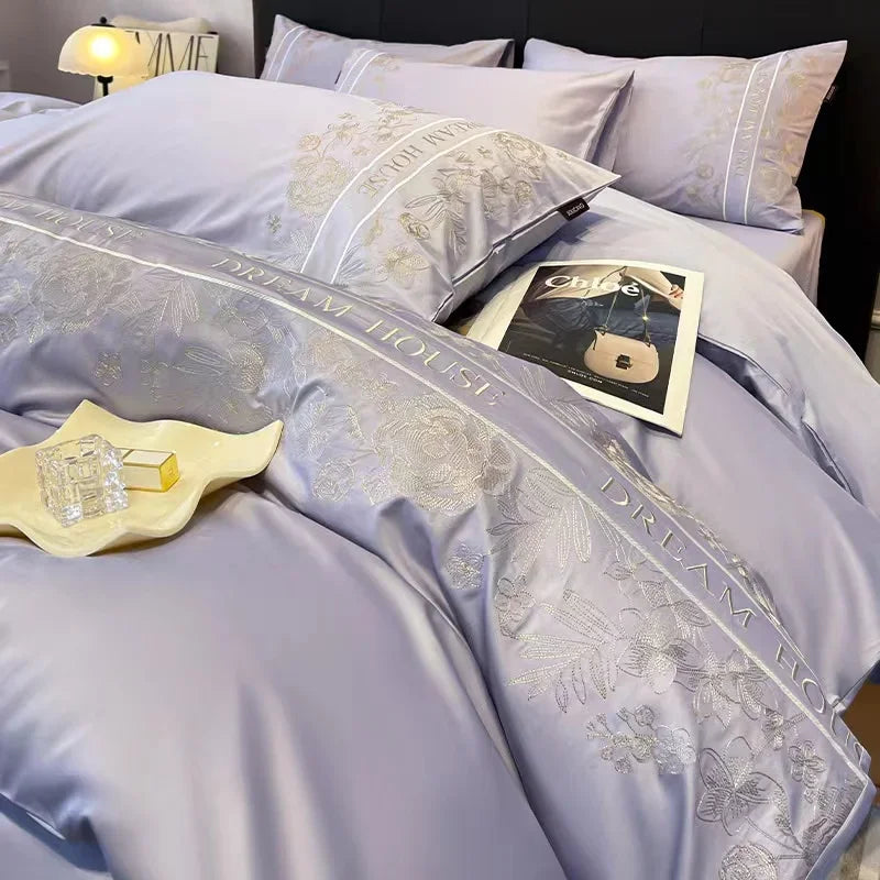 High-end 180S Long-staple 100% Cotton Embroidery Quilt Cover Fitted Sheet Autumn and Winter Light Luxury Comforter Bedding Sets