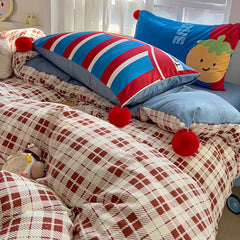 4pcs  Grid positionin bedding Set (1*Duvet Cover +1 flat sheet + 2*Pillowcase, Wool ball decorative duvet cover pillowcases