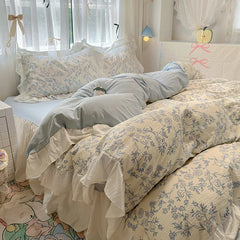 Bedding Set Korean Style New  Small Floral Water Washed Cotton Lace Duvet Cover Set Queen Size
