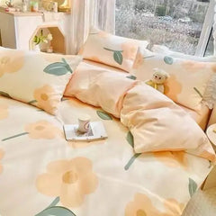 Ins Retro Flower Bedding Set Flat Bed Sheet Pillowcase Twin Full Queen Size Bed Linen Women Girls Caramel Floral Duvet Cover Set