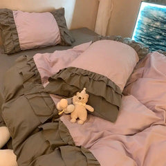 Princess Style Bedding Set No Filling Korean Romantic Ruffles Blue Purple Single Double Queen Size Duvet Cover Sheet Pillowcase