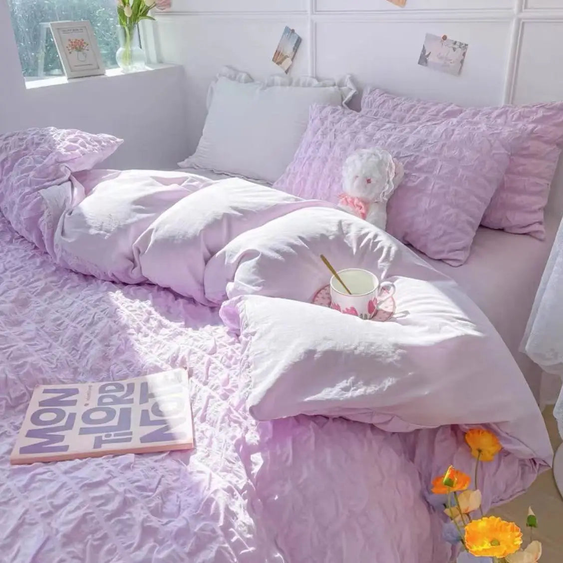 Princess Bedding Set  French Style Wash Cotton Solid Color Seersucker Summer Soft 4New Bed Sheet Set Comforter Set