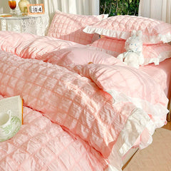 Luxury Seersucker Washed Cotton Bedding Set INS Girls Princess Bedding Set with Lace Solid color Bedclothes Sheets Pillowcase