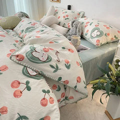 Student Dormitory Three-piece Ins Oil Painting Wind Tulip Quilt Set Double Yarn Four-piece Set 1.8 Washed Cotton Bed Girl