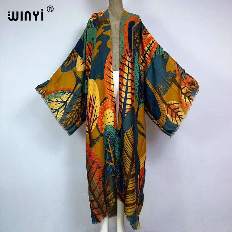 Vibrant Leaf Print Kimono Cardigan - WINI