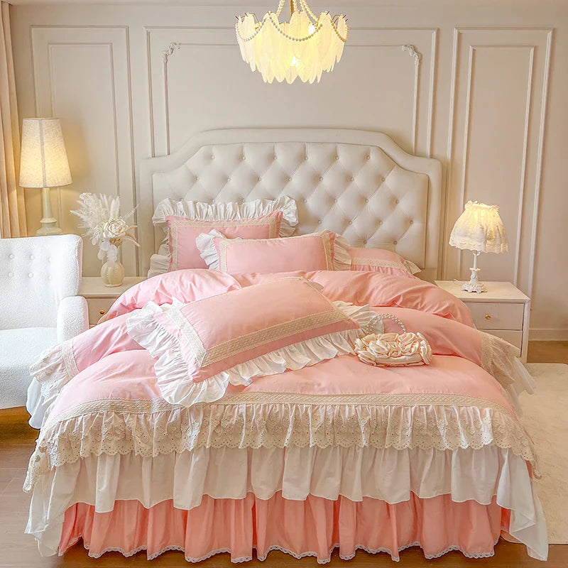 4/6Pcs Vintage French  Double Layer Ruffles Princess Wedding 100% Cotton Bedding Set Duvet Cover Bed Skirt Bedspread Pillowcases