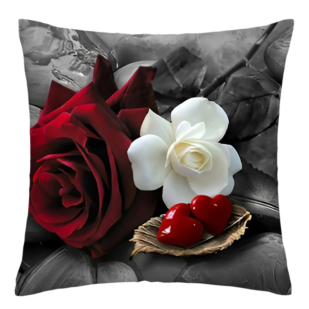 45x45cm Red Rose Flower Cushion Cover Home Wedding Decoration Sofa Bed Lumbar Pillowcase Polyester Red Rose Print Pillow Case