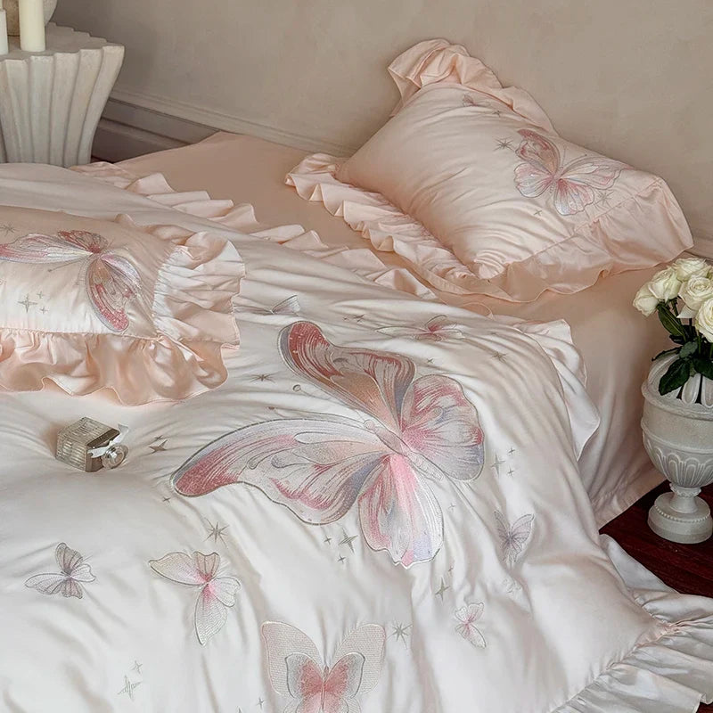 100% Cotton Gorgeous Bedding Set Butterfly Embroidery Flat Sheet Pillowcases Queen Size For Women Bare Sleeping Skin-Friendly