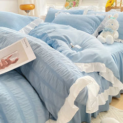 Korean Style Bedding Set Duvet Cover Flat Bed Sheet Bed Skirt Princess Style Ruffle Quilt Cover For Girls Summer Bed Linen
