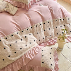 Korean Princess Style Chiffon Bedding Set 100% Cotton Elegant King Size Duvet Cover Set with Sheets Quilt Cover and Pillowcases