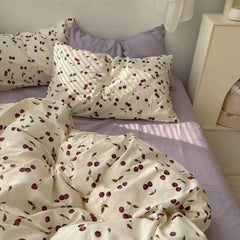 Romantic Cherry Heart Duvet Cover Set Flat Sheet Pillowcases Fashion New Twin Full Floral Summer Spring Bedding Set