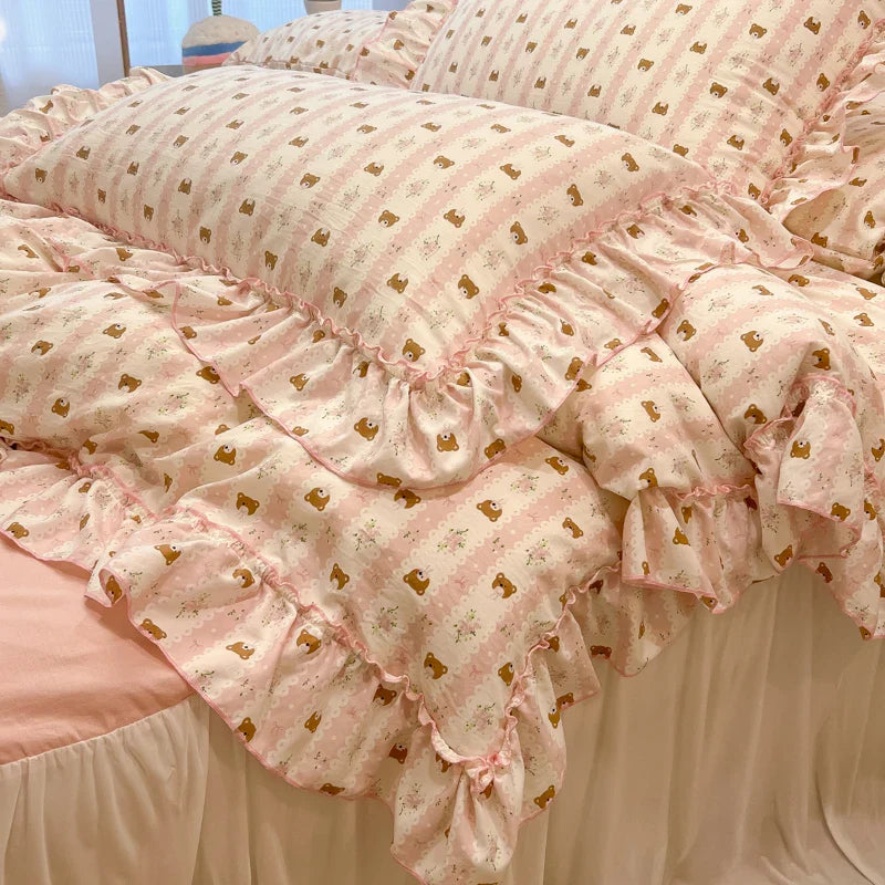 2/3Pc Korean Princess Style Floral Ruffles Bedding Set Single Queen Size Soft Skin-friendly Washed Cotton Duvet Cover Pillowcase