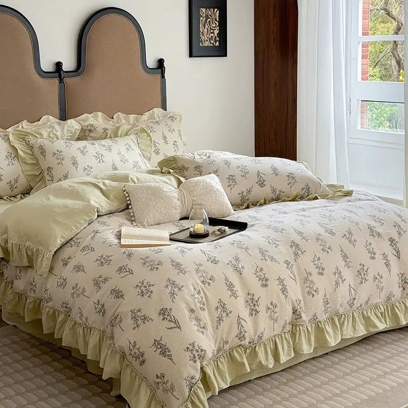 French Washed Cotton Quilt Bedding Set Four-piece Set Super Soft Princess Style Retro Pleated Small Fresh Ruffle Three-piece Set