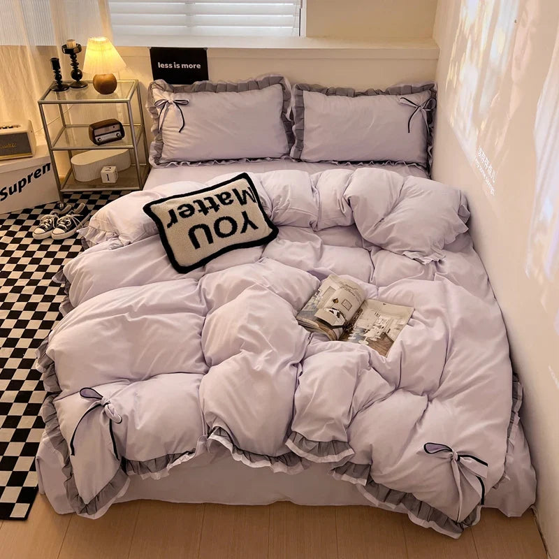 Bowknot Bedclothes Lace Style Bed Sheets Set Skin-friendly Bedding ropa de cama Single/Double/Queen/King Size Bed Linen Set