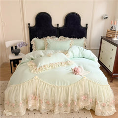 Princess Wedding Bedding Set Korean Style Lace Flowers Embroidery Duvet Cover Bed Sheet/Fitted Sheet/Bed Skirt Pillowcases 4Pcs