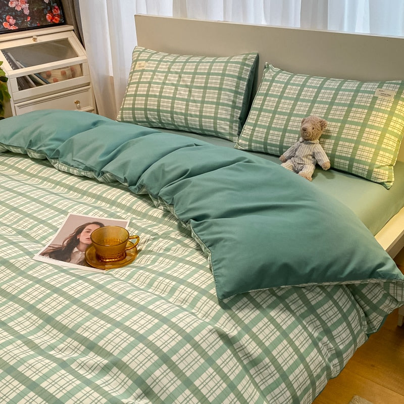 100% Cotton Plaid Geometric Bedding Set  Knit Bed Linens Sheet Pillowcase Home Textile Soft Bed Linen